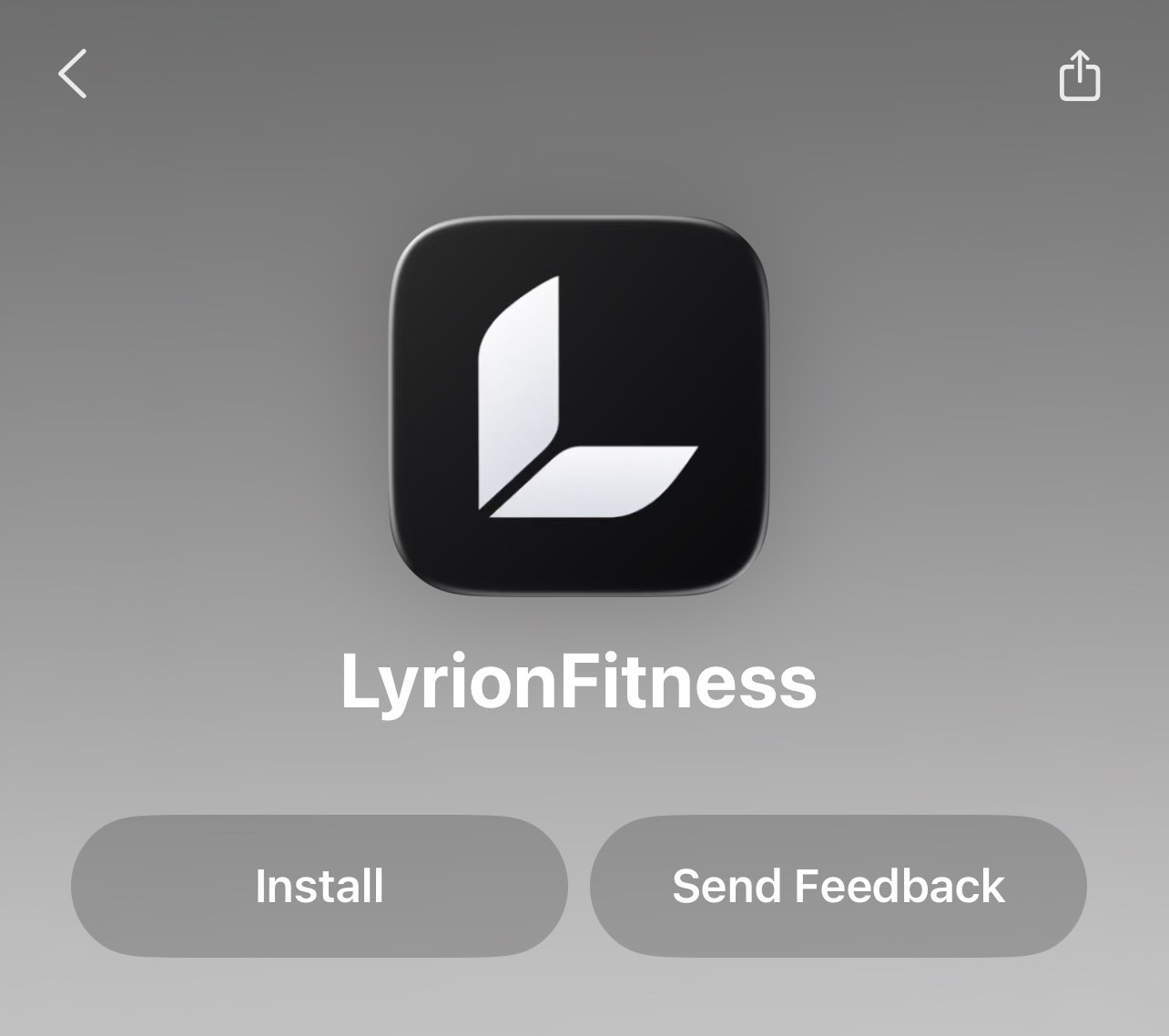 Trang LyrionFitness trong TestFlight, nút Install được khoanh lại ở phía dưới bên trái.
